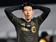 LOS ANGELES, CALIFORNIA - FEBRUARY 21: Son Heung-Min #7 of Los Angeles FC. reacts during the MLS match between Los Angeles Football Club and Inter Miami CF at Los Angeles Memorial Coliseum on February 21, 2026 in Los Angeles, California. Shaun Clark/Getty Images/AFP (Photo by Shaun Clark / GETTY IMAGES NORTH AMERICA / Getty Images via AFP)