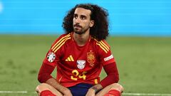 Munich (Germany), 09/07/2024.- Marc Cucurella of Spain sits on the ground during the UEFA EURO 2024 semi-finals soccer match between Spain and France in Munich, Germany, 09 July 2024. (Francia, Alemania, España) EFE/EPA/ANNA SZILAGYI
