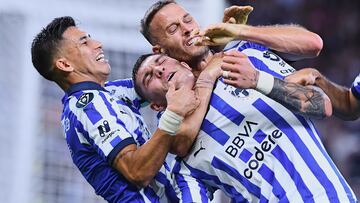      Brandon Vazquez celebrate this goal 1-0 with Sergio Canales and Maximiliano Meza of Monterrey during the quarterfinals second  leg match between Monterrey and Inter Miami as part of the CONCACAF Champions Cup 2024, at BBVA Bancomer Stadium on April 10, 2024 in Monterrey, Nuevo Leon Mexico.