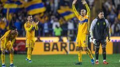 Tigres' players celebrates the end of the match against Pumas during their Mexican Apertura 2023 tournament football, in Universitario stadium in Monterrey, Mexico, on December 10, 2023. (Photo by Julio Cesar AGUILAR / AFP)