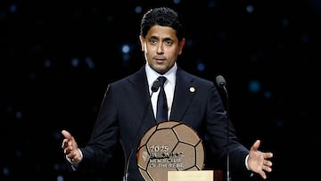 Soccer Football - Ballon d'Or - Theatre du Chatelet, Paris, France - September 22, 2025 Paris St Germain president Nasser Al-Khelaifi makes a speech after winning the 2025 Ballon d'Or men's club of the year award REUTERS/Benoit Tessier