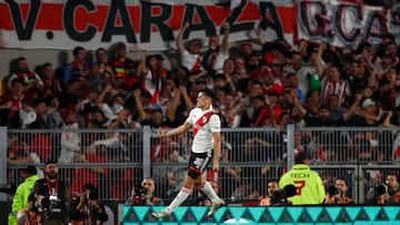 Soccer Football - Copa Libertadores - Round of 16 - First Leg - River Plate v Internacional - Estadio Mas Monumental, Buenos Aires, Argentina - August 1, 2023 River Plate's Pablo Solari celebrates scoring their second goal REUTERS/Agustin Marcarian