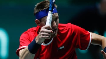 Nicolas Jarry of Chile in action during his match played against Philipp Kohlschreiber of Germany during the Day 4 of the 2019 Davis Cup at La Caja Magica on November 21, 2019 in Madrid, Spain.
 
 
 21/11/2019 ONLY FOR USE IN SPAIN