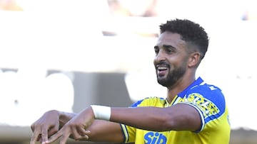 Chris Ramos celebrando el 1-2 en Cartagonova. Foto: Cádiz CF.