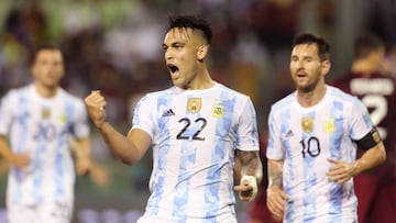 Caracas (Venezuela), 02/09/2021.- Argentina&#039;s Lautaro Martinez celebrates scoring during a match for Conmebol&#039;s qualifiers to the Qatar 2022 World Cup, at the UCV Olympic Stadium in Caracas, Venezuela, 02 September 2021. (Mundial de F&uacute;tbo