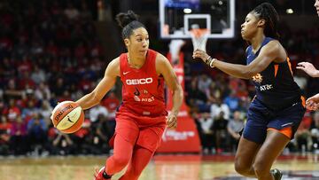 Oct 1, 2019; Washington, DC, USA; Washington Mystics forward Aerial Powers (23) dribbles as Connecticut Sun guard Bria Holmes (32) defends during the first half in game two of the 2019 WNBA Finals at The Entertainment and Sports Arena. Mandatory Credit: Brad Mills-USA TODAY Sports