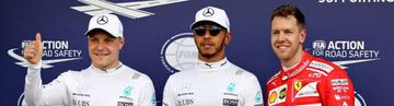 Top three qualifiers: Lewis Hamilton of Great Britain and Mercedes GP, Sebastian Vettel of Germany and Ferrari and Valtteri Bottas of Finland and Mercedes GP.