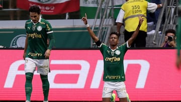 Soccer Football - Brasileiro Championship - Palmeiras v Fortaleza - Allianz Parque, Sao Paulo, Brazil - October 26, 2024 Palmeiras' Estevao celebrates scoring their second goal with Palmeiras' Raphael Veiga REUTERS/Carla Carniel