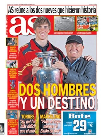 AS united the two men who scored the winning goals in both of their European Championship triumphs - Fernando Torres and Marcelino, in October 2008. "Marcelino's goal was more difficult to score than mine" admitted Torres, "His winner was worth the Ballon