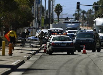 Police and emergency services at the front entrance to the Route 91 festival venue after a gunman killed more than 58 people and wounded more than 500 others