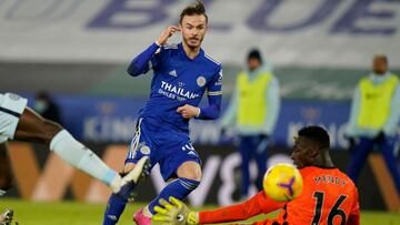 Leicester City's English midfielder James Maddison (L) scores his team's second goal during the English Premier League football match between Leicester City and Chelsea at the King Power Stadium in Leicester, central England on January 19, 2021.