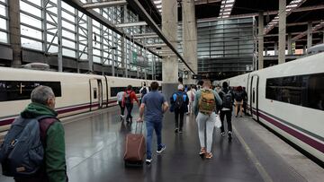 Passengers walk on the platform between two AVE high-speed (Talgo 350) trains as they arrive at the Atocha train station, in Madrid, Spain, October 14, 2024. REUTERS/Jon Nazca