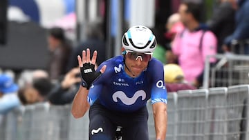 Cycling - Giro d'Italia - Stage 8 - Terni to Fossombrone - Italy - May 13, 2023 Movistar's Carlos Verona reacts after crossing the finish line of stage 8 REUTERS/Jennifer Lorenzini