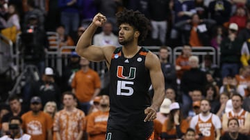 KANSAS CITY, MISSOURI - MARCH 26: Norchad Omier #15 of the Miami Hurricanes reacts during the second half against the Texas Longhorns in the Elite Eight round of the NCAA Men's Basketball Tournament at T-Mobile Center on March 26, 2023 in Kansas City, Missouri. Jamie Squire/Getty Images/AFP (Photo by JAMIE SQUIRE / GETTY IMAGES NORTH AMERICA / Getty Images via AFP)