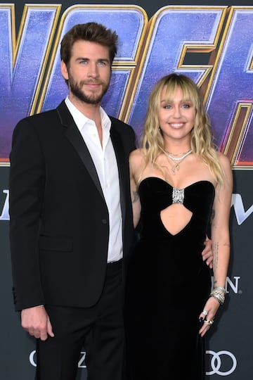 La cantante estadounidense, Miley Cyrus, y su esposo, Liam Hemsworth, hermano de Chris Hemsworth (Thor) en la premiere mundial Avengers: Endgame en Los Ángeles, California.