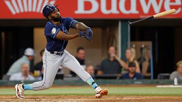 ARLINGTON, TX - JULY 19: Randy Arozarena #56 of the Tampa Bay Rays loses the grip on his bat after striking out against the Texas Rangers during the eighth inning at Globe Life Field on July 19, 2023 in Arlington, Texas. The Rangers won 5-1.   Ron Jenkins/Getty Images/AFP (Photo by Ron Jenkins / GETTY IMAGES NORTH AMERICA / Getty Images via AFP)