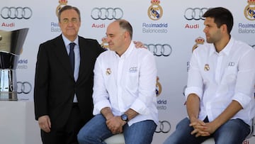 Florentino P&eacute;rez, con Pablo Laso y Felipe Reyes.