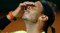 Spain&#039;s Rafael Nadal reacts after losing a point to Argentina&#039;s Diego Schwartzman during their quarter final match of the Men&#039;s Italian Open at Foro Italico on September 19, 2020 in Rome, Italy. (Photo by Clive Brunskill / POOL / AFP)