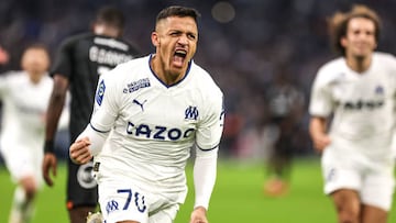 Alexis SANCHEZ of Marseille celebrate his goal during the Ligue 1 Uber Eats match between Olympique de Marseille and Football Club de Lorient at Orange Velodrome on January 14, 2023 in Marseille, France. (Photo by Johnny Fidelin/Icon Sport via Getty Images)