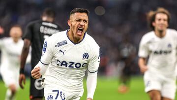Alexis SANCHEZ of Marseille celebrate his goal during the Ligue 1 Uber Eats match between Olympique de Marseille and Football Club de Lorient at Orange Velodrome on January 14, 2023 in Marseille, France. (Photo by Johnny Fidelin/Icon Sport via Getty Images)
