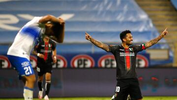Futbol, Universidad Catlica vs Palestino.
Vigsimo tercera fecha, campeonato nacional 2021.
El jugador de Palestino Luis Jimenez celebra su gol contra Universidad Catolica durante el partido de primera division realizado en el Estadio San Carlos de Ap