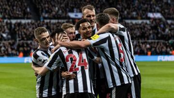 NEWCASTLE UPON TYNE, ENGLAND - MARCH 12: Miguel Almirón of Newcastle United FC (24) celebrates after scoring Newcastles second goal during the Premier League match between Newcastle United and Wolverhampton Wanderers at St. James Park on March 12, 2023 in Newcastle upon Tyne, England. (Photo by NUFC/Newcastle United via Getty Images)