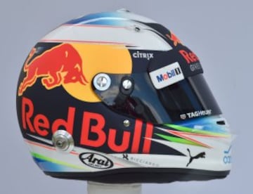 Lateral del casco del piloto australiano Daniel Ricciardo de Red Bull.