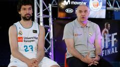 GRAF8989. MADRID, 12/06/2018.- El entrenador del Real Madrid Pablo Laso (d) y el base Sergio Llull durante la presentaci&oacute;n de la final de la liga Endesa que comienza ma&ntilde;ana en el Wizinc Center de Madrid. EFE/ Juan Carlos Hidalgo