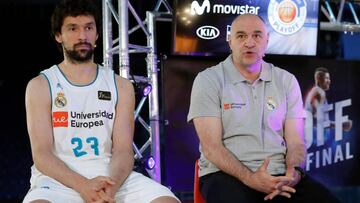 GRAF8989. MADRID, 12/06/2018.- El entrenador del Real Madrid Pablo Laso (d) y el base Sergio Llull durante la presentaci&oacute;n de la final de la liga Endesa que comienza ma&ntilde;ana en el Wizinc Center de Madrid. EFE/ Juan Carlos Hidalgo