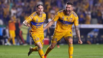     Marcelo Flores celebrates his goal 5-1 on Hat-trick with Andre-Pierre Gignac of Tigres  during the 16th round match between Tigres UANL and Necaxa as part of the Torneo Clausura 2024 Liga BBVA MX at Universitario Stadium on April 20, 2024 in Monterrey, Nuevo Leon, Mexico.