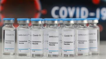 Bottle labeled with a "Coronavirus COVID-19 Vaccine" sticker and a medical syringe in front of displayed Pfizer.
09/11/2020