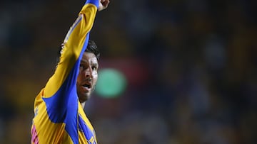 Tigres' French forward #10 Andre-Pierre Gignac celebrates scoring his team's first goal during the Liga MX Apertura tournament football match between Tigres and Tijuana at the UANL University Stadium in San Nicolas de los Garza, Nuevo Leon State, Mexico on October 25, 2025. (Photo by Julio Cesar AGUILAR / AFP)