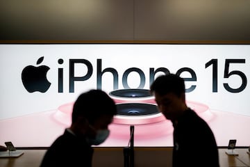 An Apple iPhone 15 advertisement is seen as it officially goes on sale across China at an Apple Store in Shanghai, China September 22, 2023. REUTERS/Aly Song