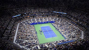 An overview shows Arthur Ashe Stadium during the 2021 US Open Tennis tournament men's singles first round match between Serbia's Novak Djokovic (bottom) and Denmark's Holger Rune at the USTA Billie Jean King National Tennis Center in New Yo