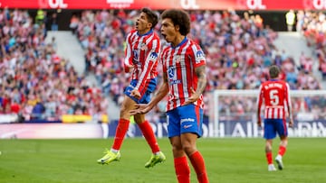 MADRID, 20/10/2024.- Los jugadores del Atlético de Madrid Simeone (i) y Axel Witsel celebran el gol del empate del conjunto durante el encuentro correspondiente a la décima jornada de LaLiga EA Sports entre el Atlético de Madrid y el CD Leganés disputado este domingo en el estadio Metropolitano de Madrid. EFE/ Chema Moya