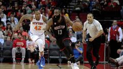 Dec 31, 2016; Houston, TX, USA; Houston Rockets guard James Harden (13) pushes the ball upcourt while New York Knicks forward Lance Thomas (42) pursues during the second quarter at Toyota Center. Mandatory Credit: Erik Williams-USA TODAY Sports