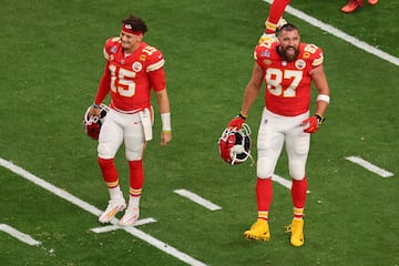 At work | Patrick Mahomes and Travis Kelce on Chiefs duty at Super Bowl LVIII.