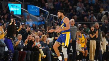 Dec 10, 2022; San Francisco, California, USA; Golden State Warriors guard Stephen Curry (30) celebrates after making a three point basket while being fouled against the Boston Celtics in the second quarter at the Chase Center. Mandatory Credit: Cary Edmondson-USA TODAY Sports