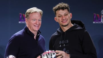 LAS VEGAS, NEVADA - FEBRUARY 12: NFL Commissioner Roger Goodell (L) poses with quarterback Patrick Mahomes #15 of the Kansas City Chiefs and the MVP award during a news conference for the winning head coach and MVP of Super Bowl LVIII at the Mandalay Bay Convention Center on February 12, 2024 in Las Vegas, Nevada.   Ethan Miller/Getty Images/AFP (Photo by Ethan Miller / GETTY IMAGES NORTH AMERICA / Getty Images via AFP)