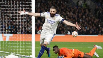 LONDON, ENGLAND - APRIL 06: Karim Benzema,, player of Real Madrid, is celebrating the goal during the UEFA Champions League Quarter Final Leg One match between Chelsea FC and Real Madrid at Stamford Bridge on April 06, 2022 in London, England. (Photo by Antonio Villalba/Real Madrid via Getty Images)