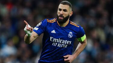 26 April 2022, United Kingdom, Manchester: Real Madrid's Karim Benzema celebrates scoring his side's third goal during the UEFA Champions League Semi Final, First Leg, soccer match between Manchester City and Real Madrid at the Etihad Stadium.