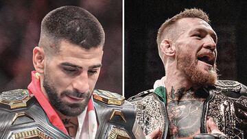 Ilia Topuria y Conor McGregor con sus dos cinturones.