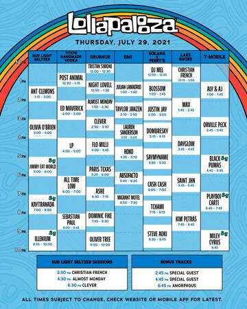 Horarios del jueves 29 de julio para el Lollapalooza 2021.