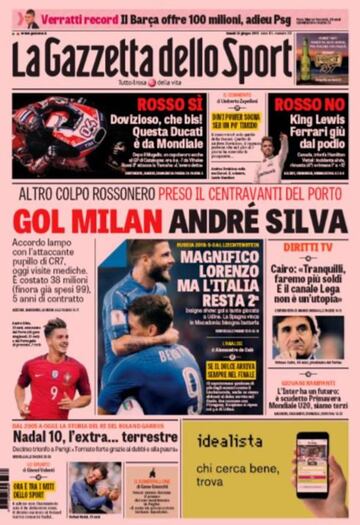 Portada de La Gazzetta dello Sport del día 12 de junio de 2017.