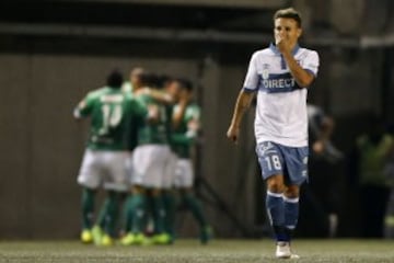 Futbol, Audax vs Universidad Catolica.
Decima fecha, cmapeonato de Clausura 2016/17.
El jugador de Universidad Catolica Diego Buonanotte se lamenta tras el gol de Audax durante el partido de primera division disputado en el estadio Bicentenario La Florida de Santiago, Chile.
16/04/2017
Andres Pina/Photosport
************

Football, Audax vs Universidad Catolica.
10th date, Clousure Championship 2016/17
Universidad Catolica's player Diego Buonanotte reacts after the goal of Audax during the first division football match held at the Bicentenario La Florida stadium in Santiago, Chile.
16/04/2017
Andres Pina/Photosport