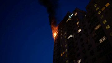 An apartment building burns after being damaged during a massive Russian drone strike, amid Russia's attack on Ukraine, in Kyiv, Ukraine May 30, 2023. Pablo Petrov/Press service of the State Emergency Service of Ukraine/Handout via REUTERS ATTENTION EDITORS - THIS IMAGE HAS BEEN SUPPLIED BY A THIRD PARTY.     TPX IMAGES OF THE DAY