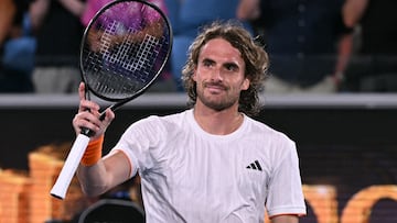 Greece's Stefanos Tsitsipas celebrates beating Japan's Shintaro Mochizuki in their men's singles match on day three of the Australian Open tennis tournament in Melbourne on January 21, 2026. (Photo by WILLIAM WEST / AFP) / -- IMAGE RESTRICTED TO EDITORIAL USE - STRICTLY NO COMMERCIAL USE --