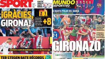 Portadas de &#039;Sport&#039; y &#039;Mundo Deportivo&#039; el lunes, 30 de octubre de 2017.