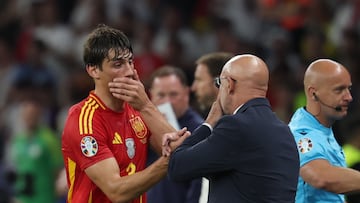 Berlin (Germany), 14/07/2024.- Spain head coach Luis de la Fuente (R) and withdrawn Robin Le Normand (L) talk during the UEFA EURO 2024 final soccer match between Spain and England, in Berlin, Germany, 14 July 2024. (Alemania, España) EFE/EPA/FRIEDEMANN VOGEL