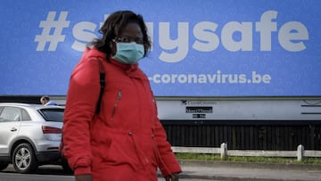 Brussels (Belgium), 15/04/2020.- A billboard with #staysafe is displayed at the main entrance of Brussels, Belgium, 15 April 2020. In order to contain the spread of coronavirus, Belgium is implementing confinement guidelines for the public, which is sched